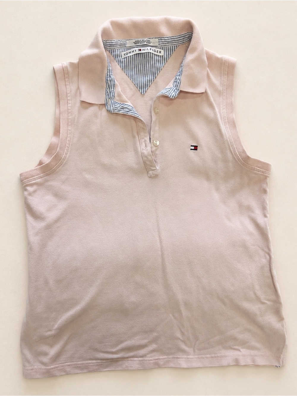 Vintage Tommy Hilfiger sleeveless polo shirt in light pink, size S